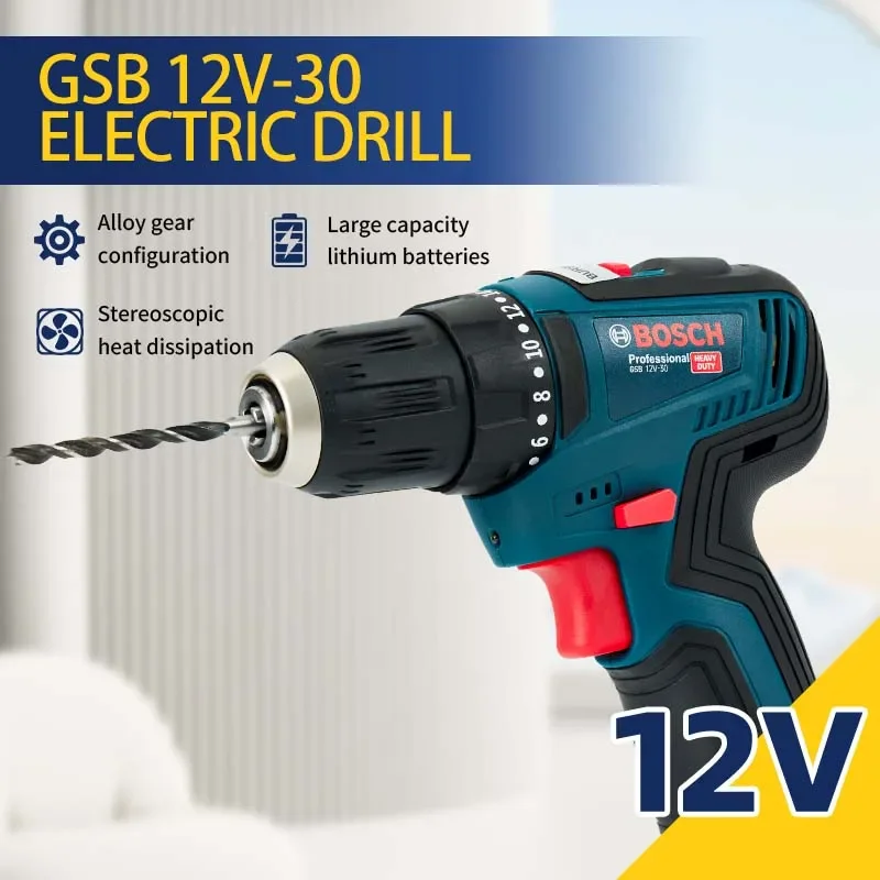 Bosch-GSB-12-V30 Taladro eléctrico profesional, destornillador inalámbrico, resistente, multifuncional, doméstico, destornillador, bricolaje