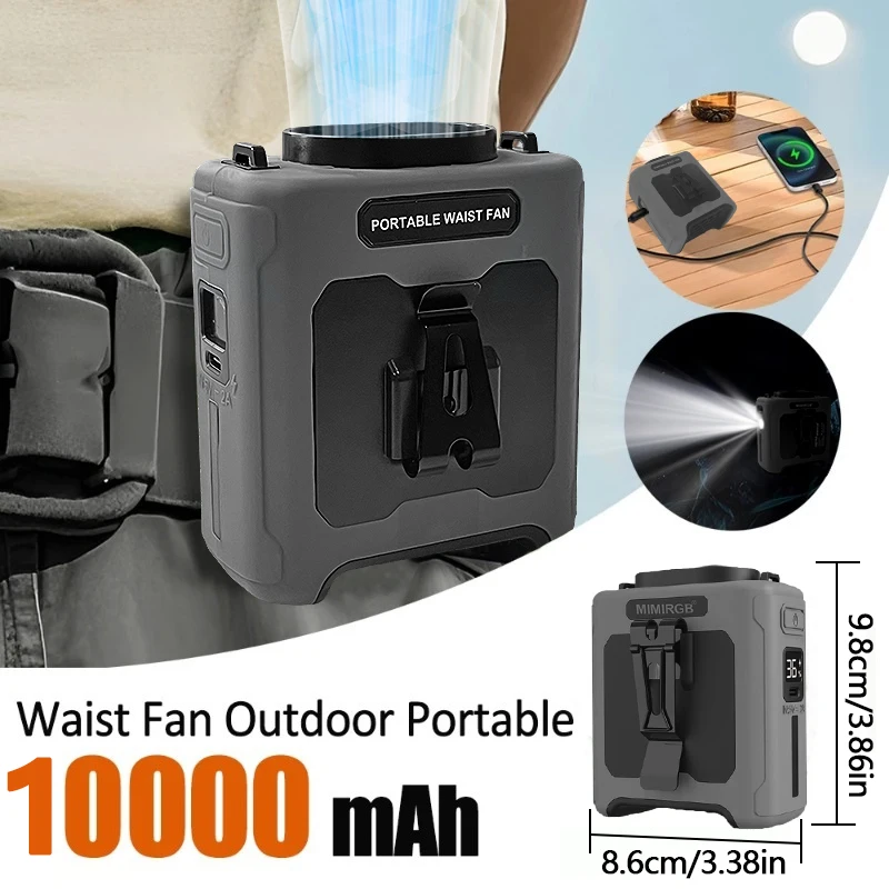 Ventilador de cintura portátil de 10000mAh con banco de energía, iluminación LED, ventilador de cuello colgante, ventilador de refrigeración de flujo de aire fuerte de 5 velocidades para trabajo al aire libre