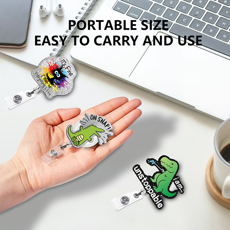 Glitter Acrylic Sloths Dinosaurs Badge Reel Retractable ID Badge Holder With 360 Rotating Alligator Clip Doctor Name Holder