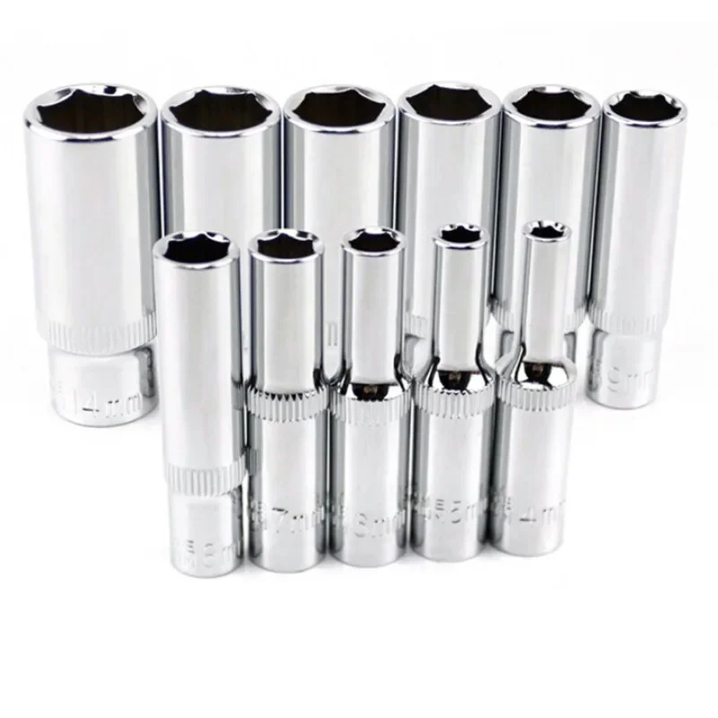 Juego de enchufes cromados largos y métricos, 11 Uds., accionamiento de 1/4 pulgadas, enchufe profundo de 6 puntos de 4 Mm a 14 Mm, grado profesional