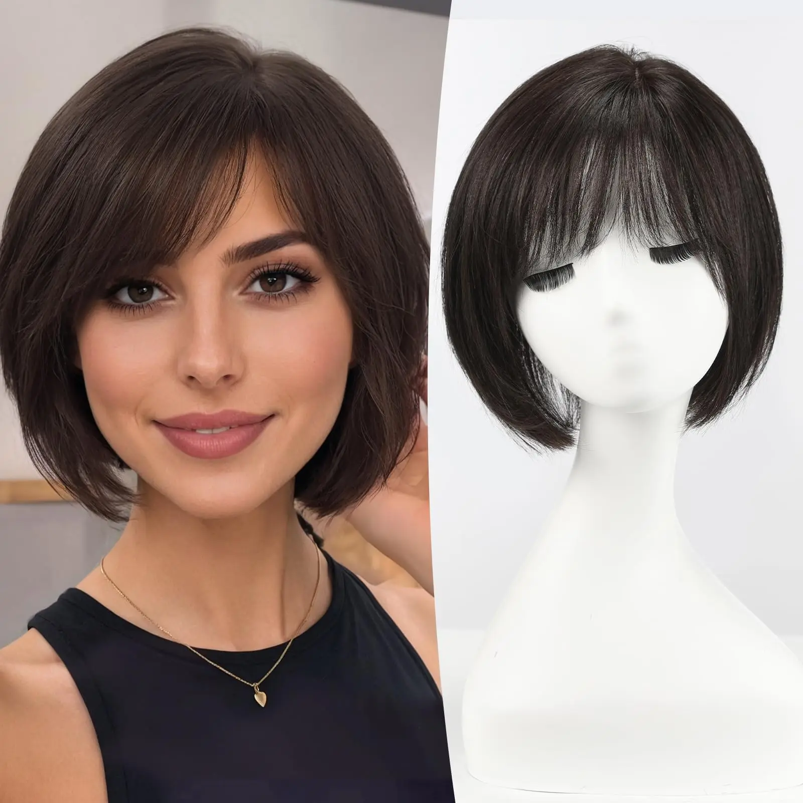 Toppers de cabelo humano remy preto natural, base de seda, 4 clipes em cabelo com franja, 10 polegadas, extensões de cabelo para mulheres