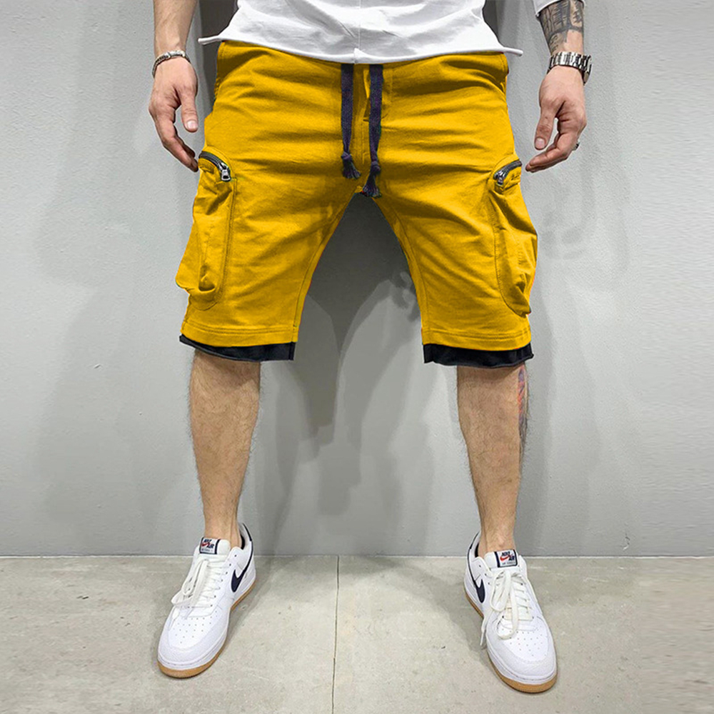 Calções de carga de verão dos homens algodão treino shorts de fitness respirável jogger treinamento ginásios musculação multi bolso amarelo shorts