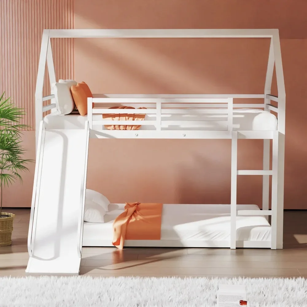 Twin Over Twin Metal Floor Bunk Bed with Slide, Metal Junior House Twins Size House Bunk Bed Frame with Ladder&Roof for Boy Girl