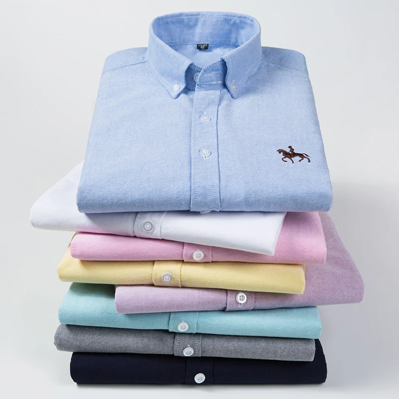 Nuevo Camisa a cuadros a rayas de Color sólido Oxford 100% algodón de talla grande 6XL, camisa suave Formal bordada de negocios de manga larga para hombre
