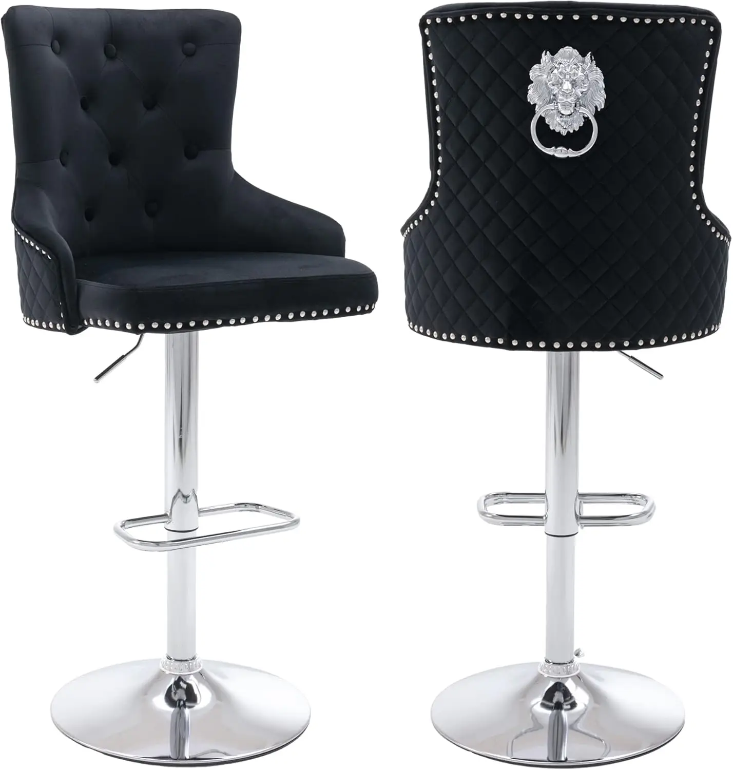 Velvet Barstools Set Of 2, Height Adjustable Swivel Counter Barstools With Lion Head Pull Ring, Modern Upholstered High-Back