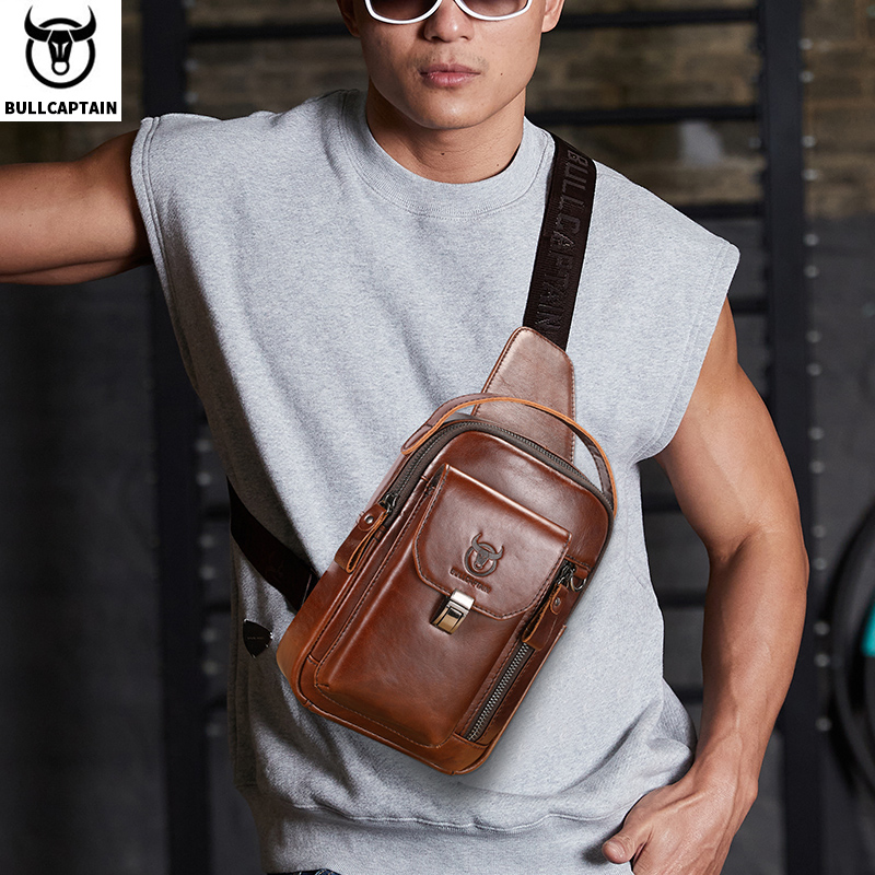 Bullcaptain bolsa de peito de couro genuíno masculina casual retro 7.9 polegadas bolsa para celular multifuncional anti-roubo bolsa crossbody