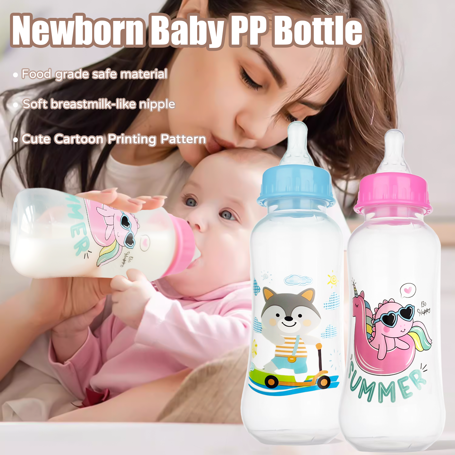 Biberon pour nouveau-né de 250ml, biberon PP de dessin animé anti-fuite, biberon sûr et durable, sans BPA, motif aléatoire