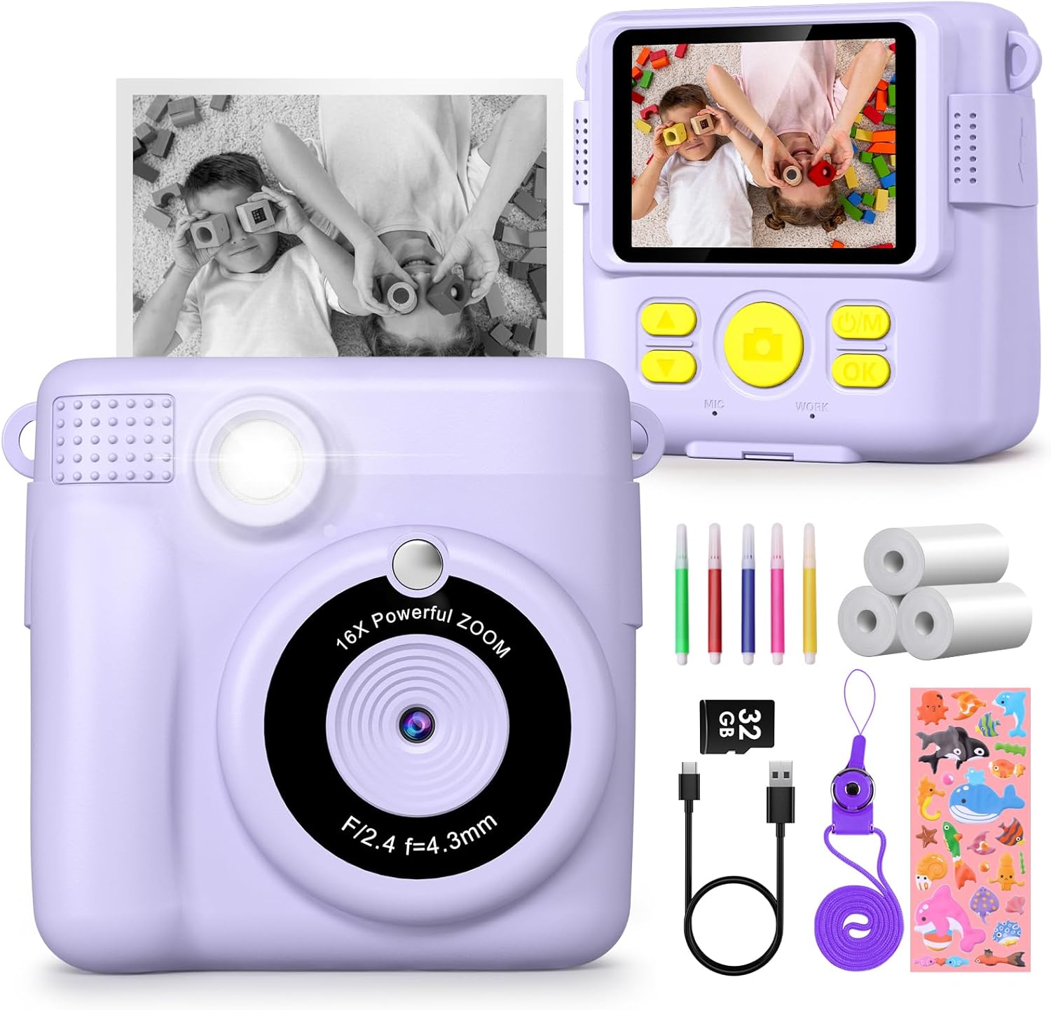 Gofunly Children's Instant Print Camera Thermal Printing Digital Camera 2.4" 1080P Camera Toy For 6-12 Years