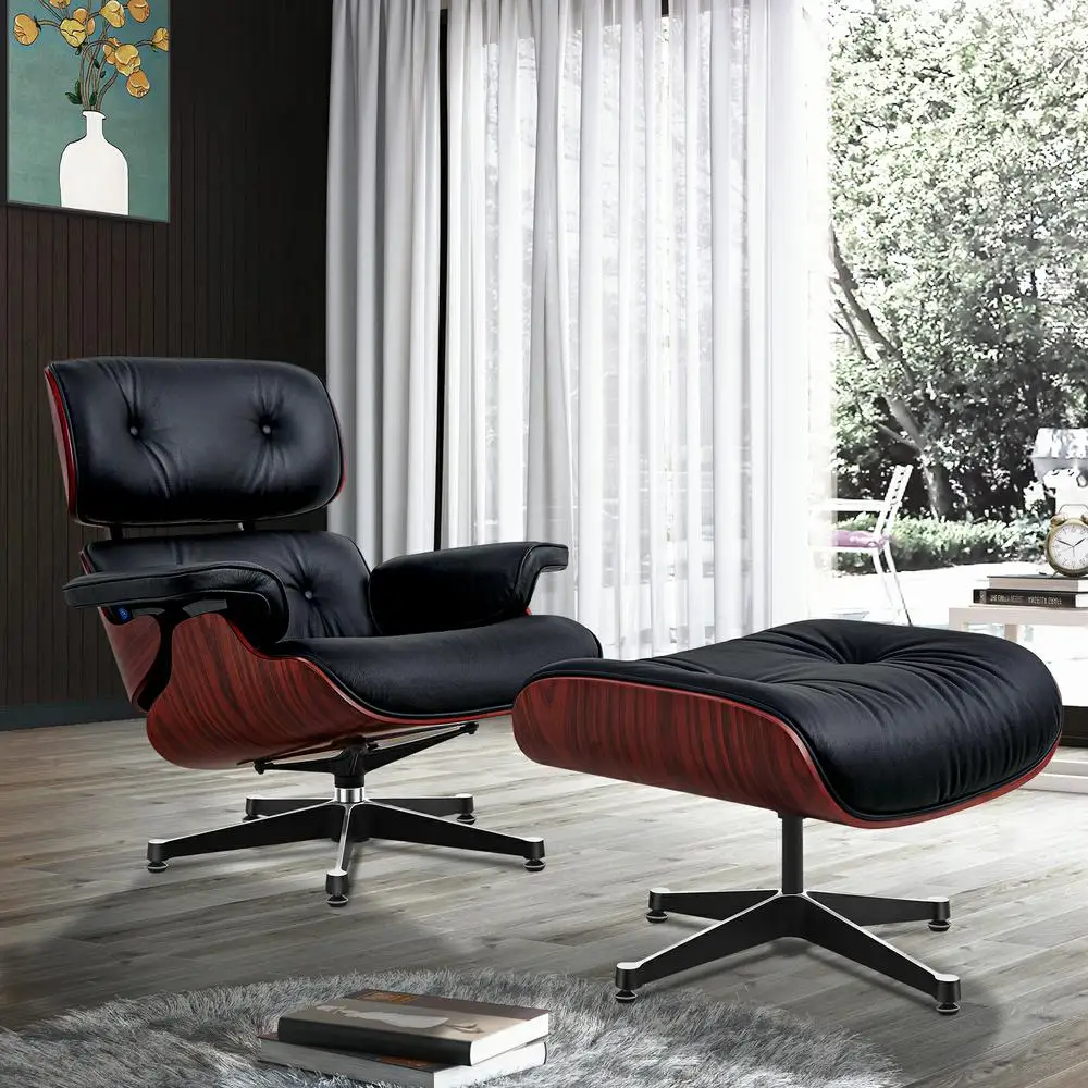 Fauteuil inclinable classique TY302, branche d'acide profond, avec cuir de vache noir, grande tête, pied pivotant, meubles, Stock ue