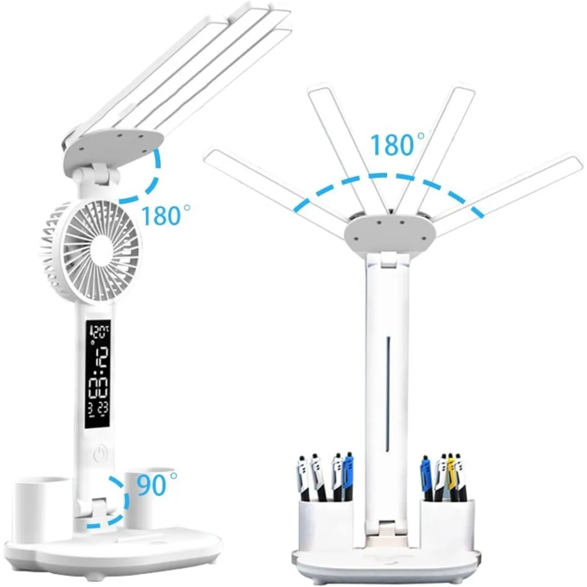 Candeeiro de mesa LED de 3 cores com ventilador e relógio Quatro cabeças dobrável com carregamento USB Lâmpada de mesa multifuncional para leitura luz noturna