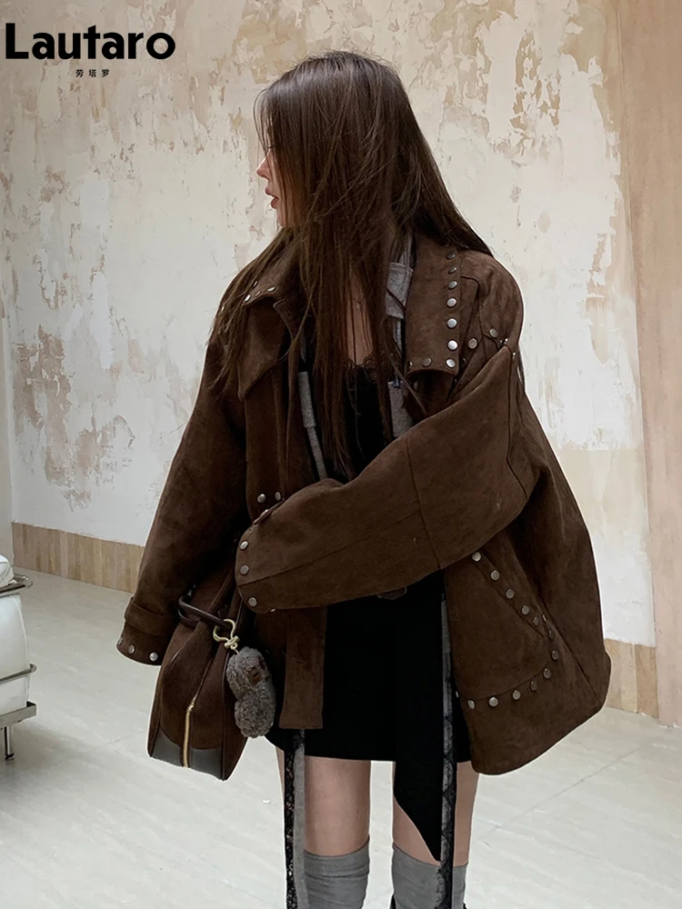 Lautaro Frühling Herbst Kühle Braun Übergroße Weiche Faux Wildleder Leder Jacke Frauen Niet Langarm Maillard Stil Retro Kleidung