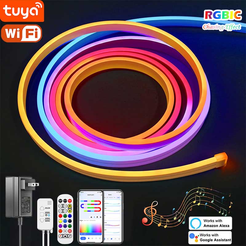 TUYA Neonstreifenlichter, 5–24 V, Silikon-Neonseil, LED-Licht, 84 LEDs/m, mit Musik-Synchronisierung, RGBIC, Dreamcolor Chasing-Streifenband für Zimmer