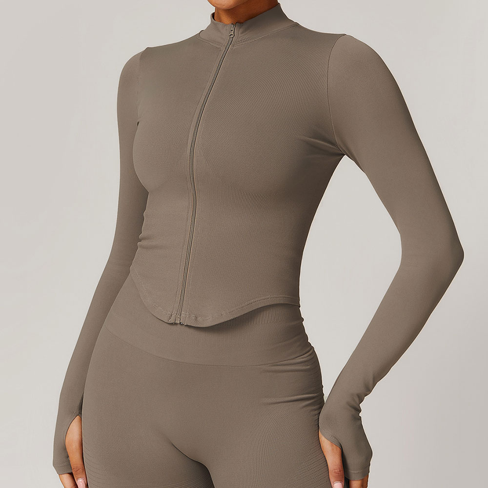 Chaqueta con cremallera para mujer, Tops cortos, camisetas de Yoga, Top deportivo liso, camisas para correr de manga larga, ropa deportiva Sexy de secado rápido para gimnasio y Fitness