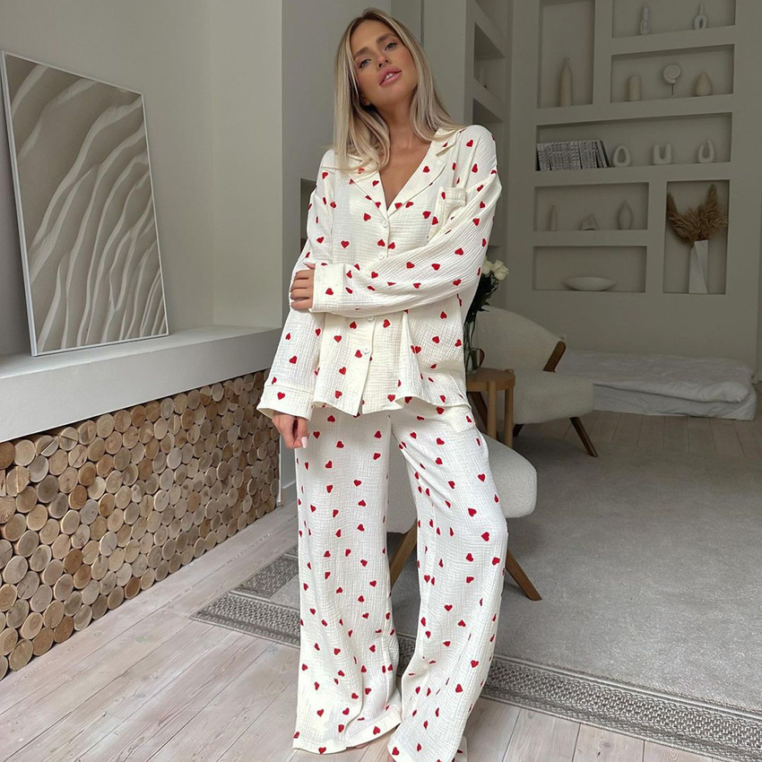 Novedad de verano, pijama con estampado de corazón de amor, conjunto de manga larga de algodón 100%, traje de 2 uds, ropa de dormir con solapa, pijamas con botones para mujer, ropa de dormir