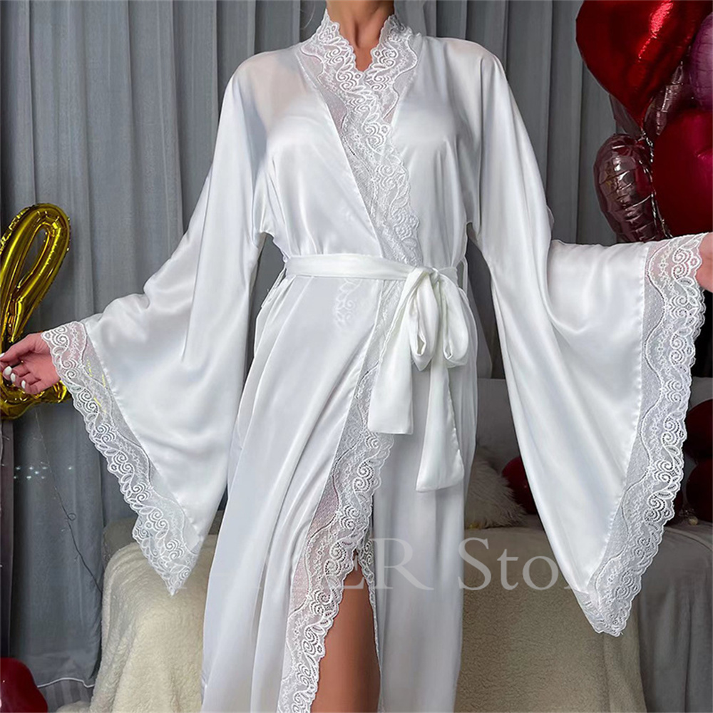 Bata de boda Ultra larga para mujer, Kimono blanco, ropa de dormir holgada, albornoz Sexy con manga de encaje grande, ropa de dormir, batas de rayón
