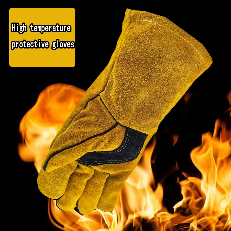 Guantes retardantes de llama de cuero,,Guantes de soldadura Aislamiento térmico Anticorte Estufa de leña Chimenea Barbacoa Hornear Camping 