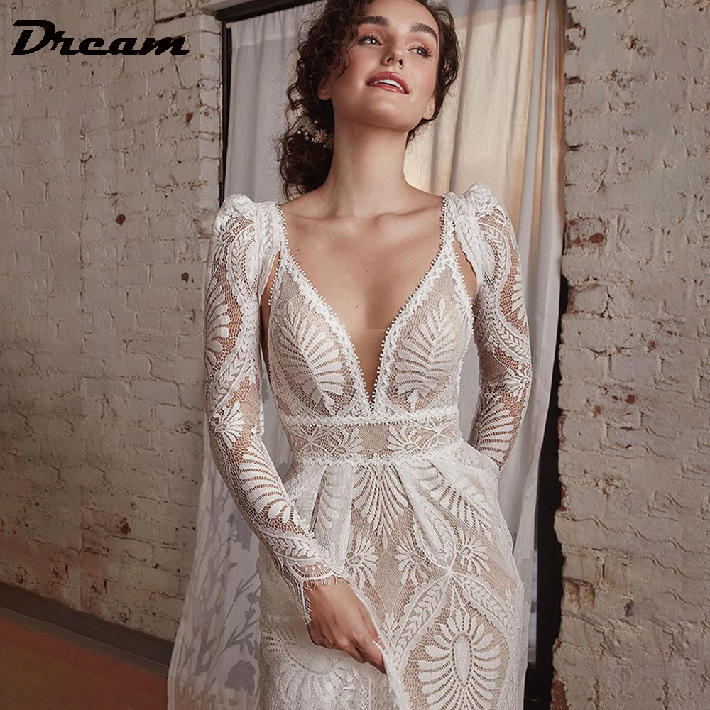 Vestido de novia de encaje con tirantes finos personalizado DREAM elegante manga larga sin espalda cuello en V una línea vestido de novia tren de barrido 2025