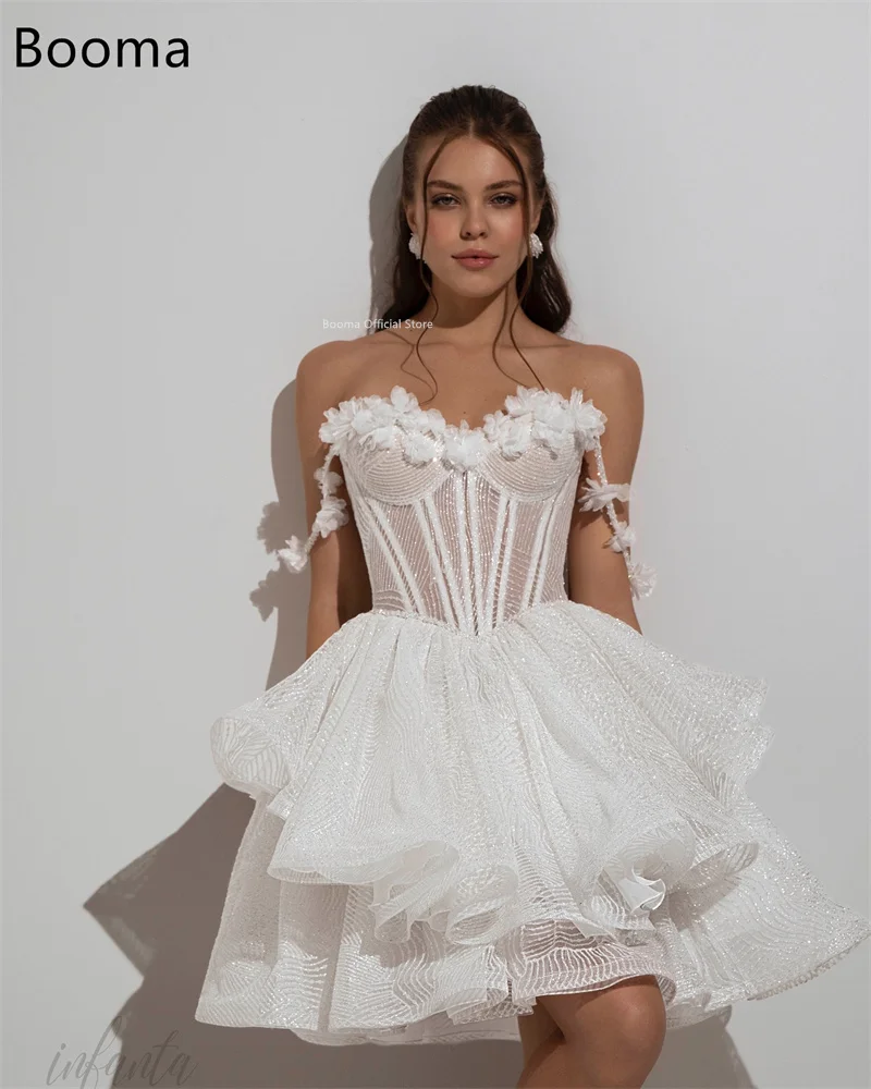 Booma A-Line ชุดแต่งงานเรียบง่ายปิดไหล่ดอกไม้ MINI SHINY Elegant Brides Gown CUSTOM Made 2025