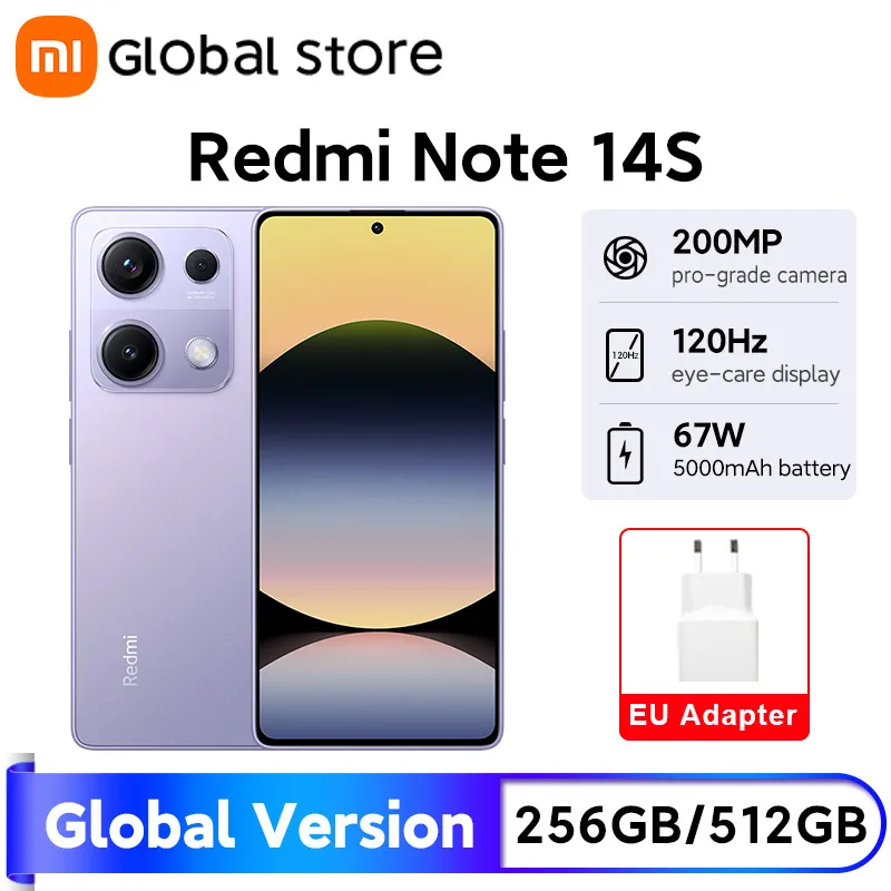Глобальная версия смартфона Xiaomi Redmi Note 14S, 120 Гц, 6,67 дюйма, AMOLED-дисплей, камера 200 МП, 67 Вт, Hyper Charge MTK Helio G99, процессор 5000 м