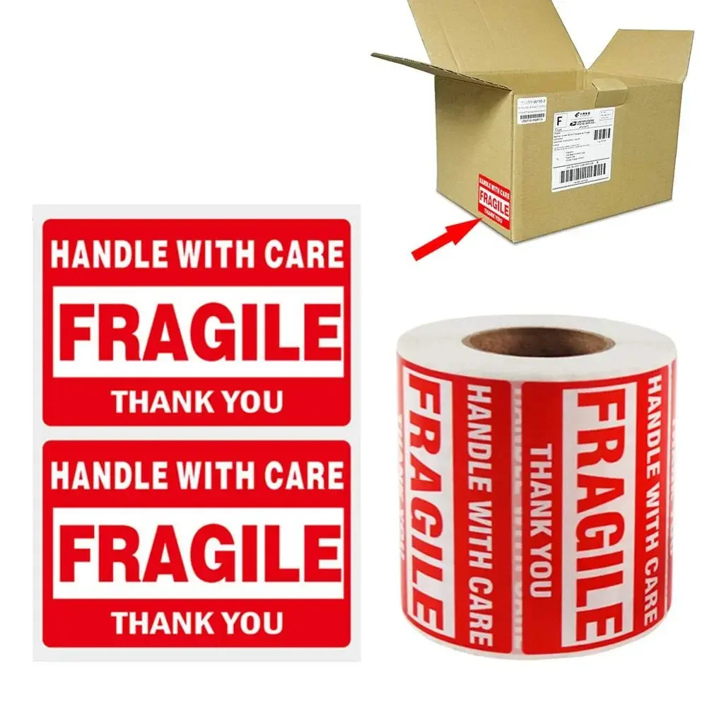 [1 Roll, 500 Labels] 2" x 3" Fragile Warning Stickers Handle with Care Warning Packing/Shipping Labels - Permanent Adhesive