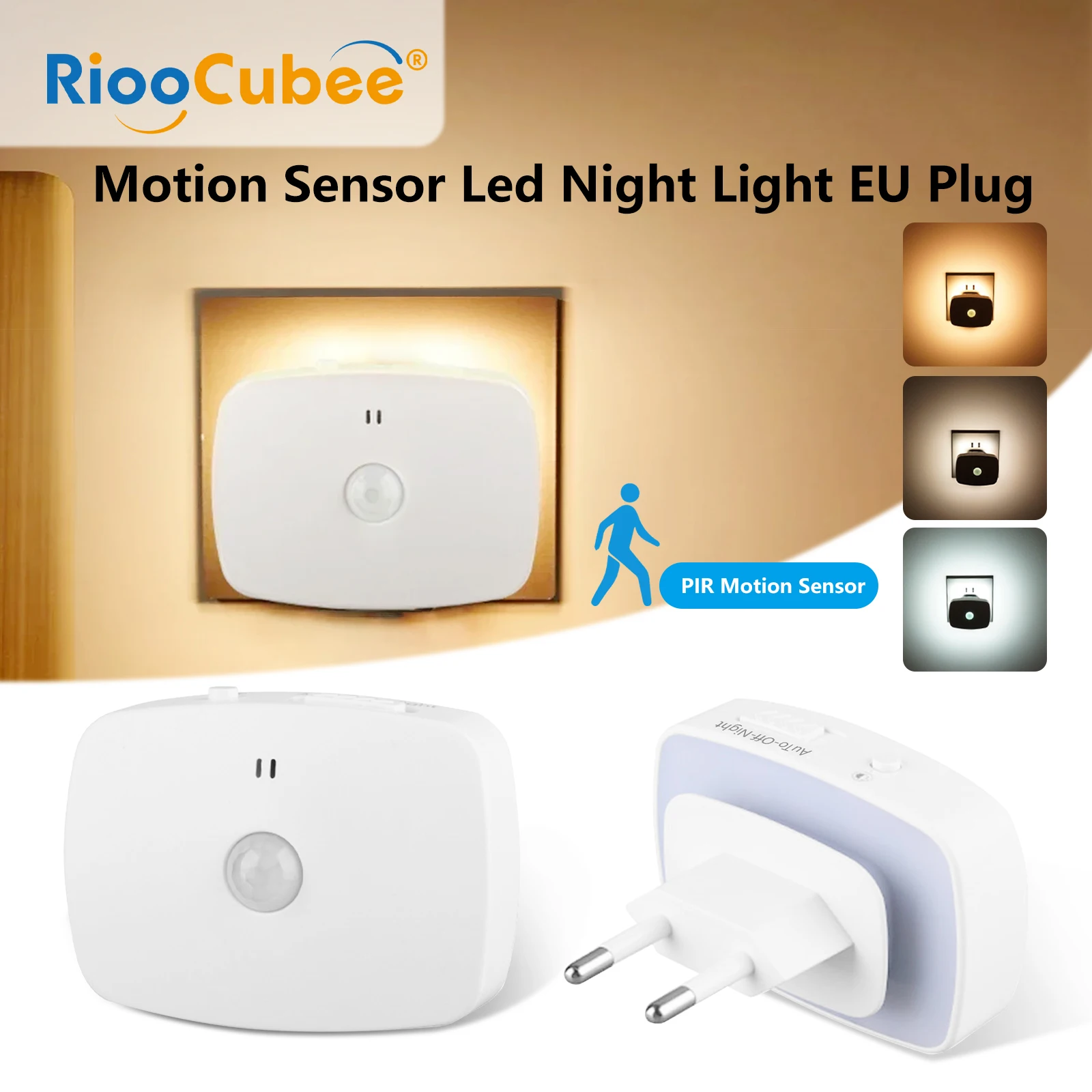 Luz nocturna con Sensor de movimiento RiooCubee, enchufe europeo, encendido/apagado automático, lámpara LED de noche de atardecer a amanecer, ahorro de energía para pasillo, dormitorio, inodoro
