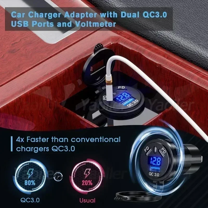 Kewig-enchufe USB de 12V, puerto de USB-C Dual PD de 108W, carga rápida 3,0, cargador USB para coche, toma de corriente impermeable con interruptor de voltímetro