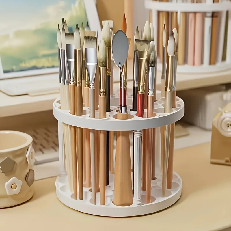 360 °   Drehbarer Pinselhalter – eleganter weißer Kunststoff-Organizer für Kunstpinsel, platzsparendes Desktop-Zubehör mit glasierter Oberfläche