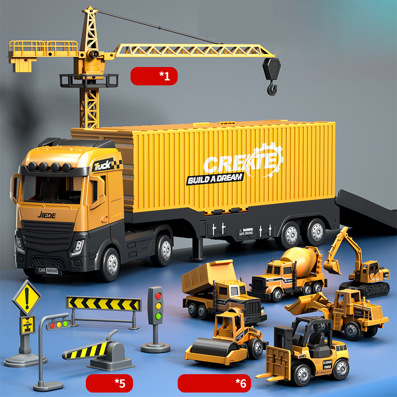 Caminhões de construção de liga, brinquedos de veículos para crianças, sons de efeitos de luzes, guindaste de recipiente, caminhões de escavadeira, misturador de cimento