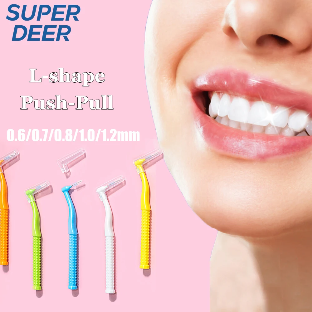 Super Deer 10Pcs Dental Orthodontic Brushes L-Shape Interdental Brush Push-Pull Cleaning Brush Between Teeth Oral Hygiene Tool