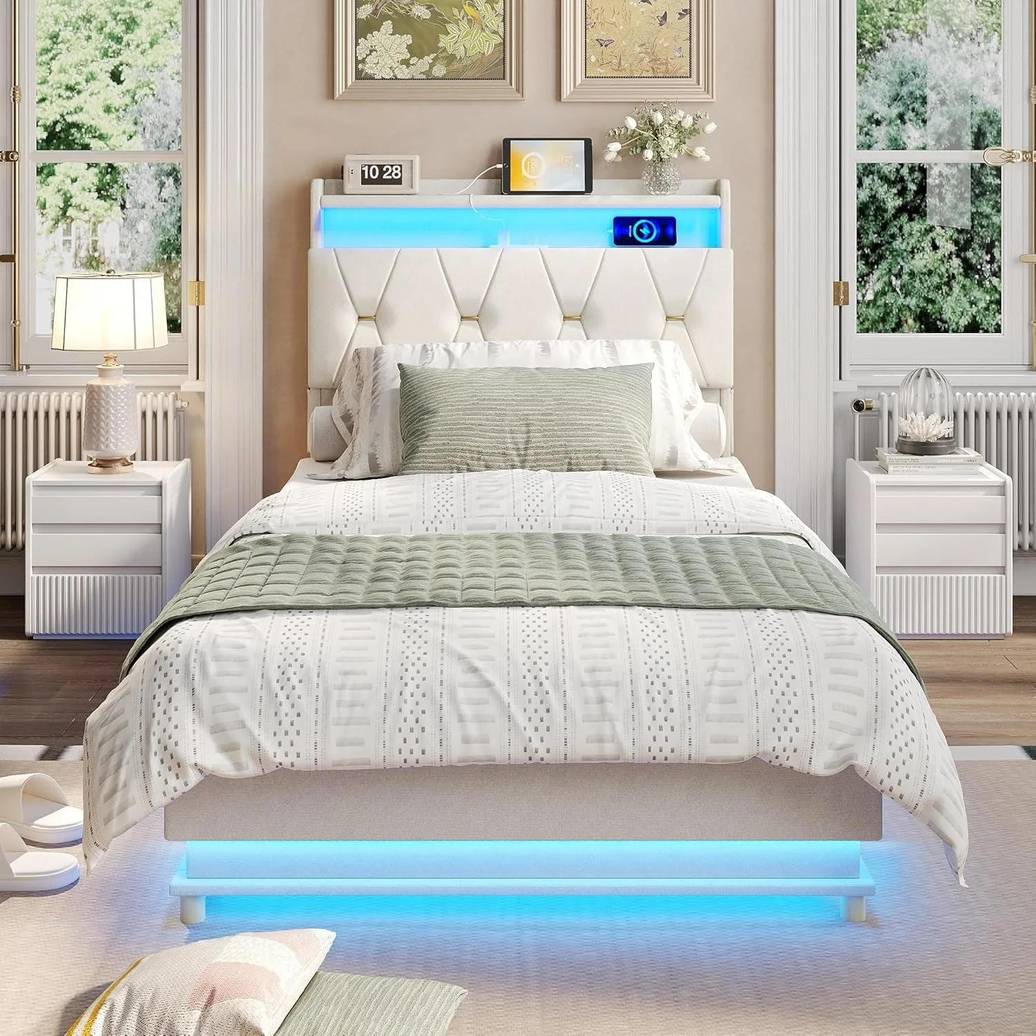 Twin Size Lift Up Bed Frame, Storage Headboard with Charging Station, LED Lights Upholstered Platform Bed, No Box Spring Needed