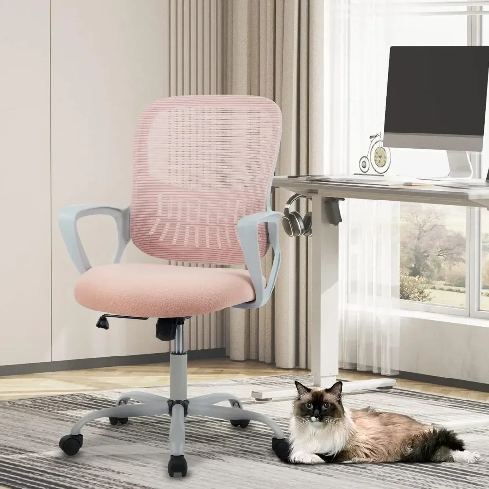 Silla de oficina, sillas de escritorio giratorias de trabajo con ruedas, ergonómicas, con respaldo medio, soporte lumbar cómodo, rosa