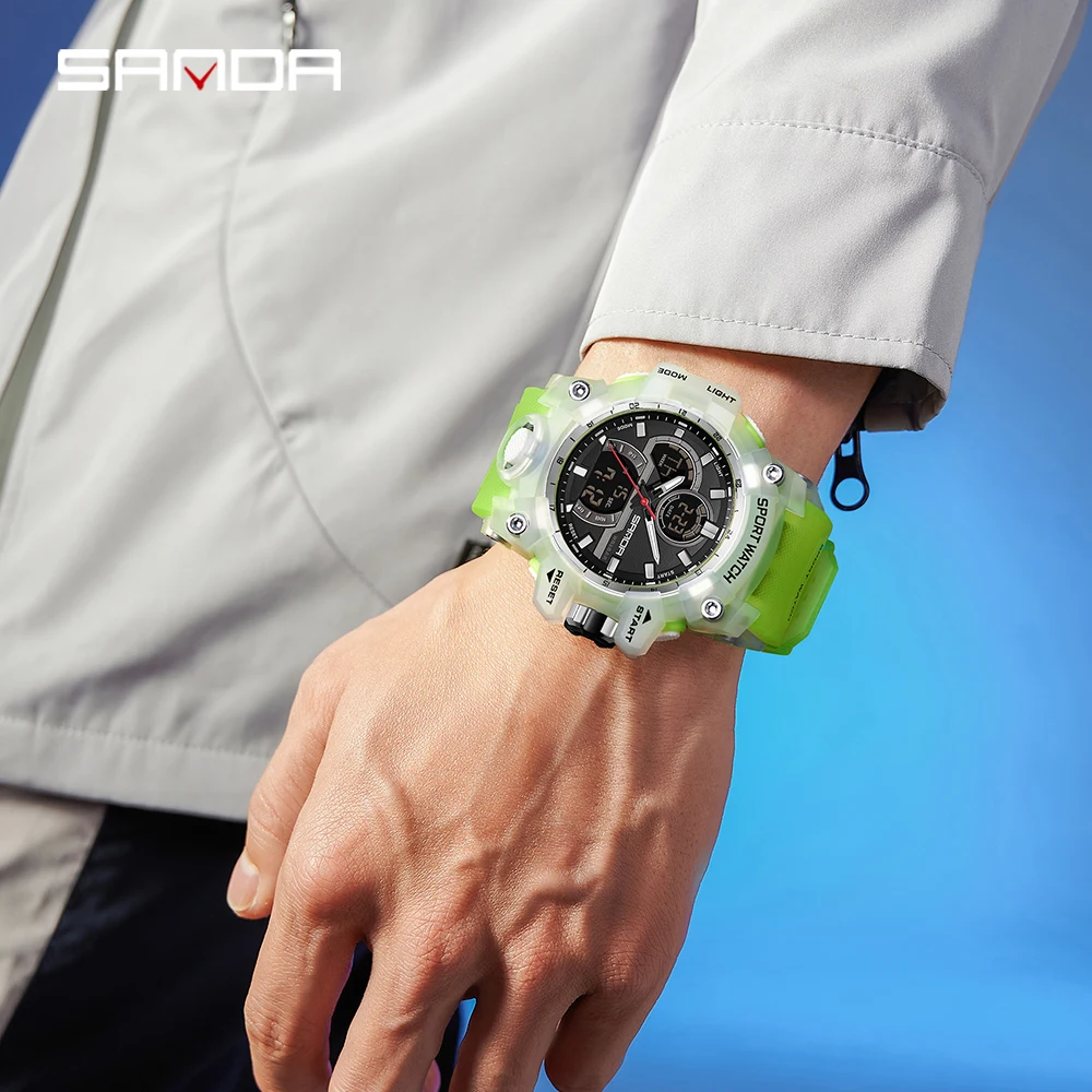 SANDA 6198 ファッショナブルなクールなナイトライトデュアルスクリーン多機能アウトドアスポーツ防水メンズ電子時計