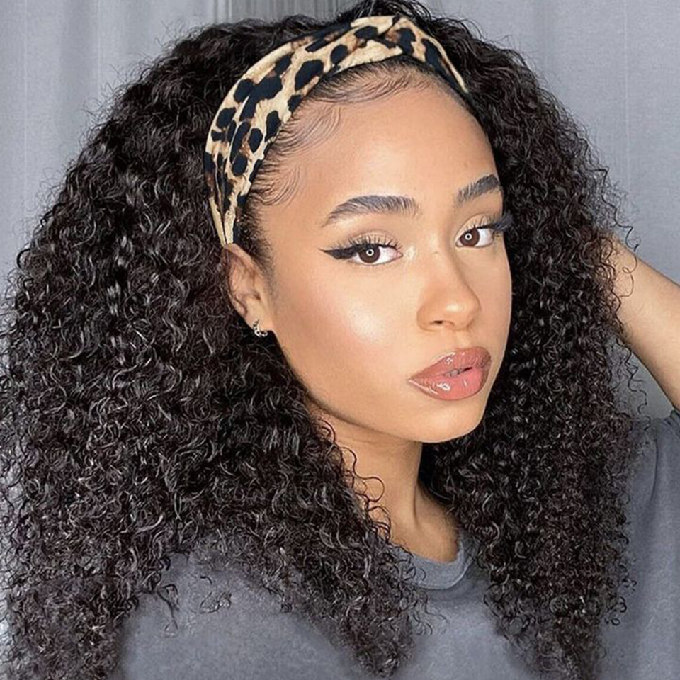Perruque bandeau cheveux humains crépus bouclés pour femmes noires, densité 180%, sans colle, brésilien Remy Jerry Curl, entièrement faite à la Machine