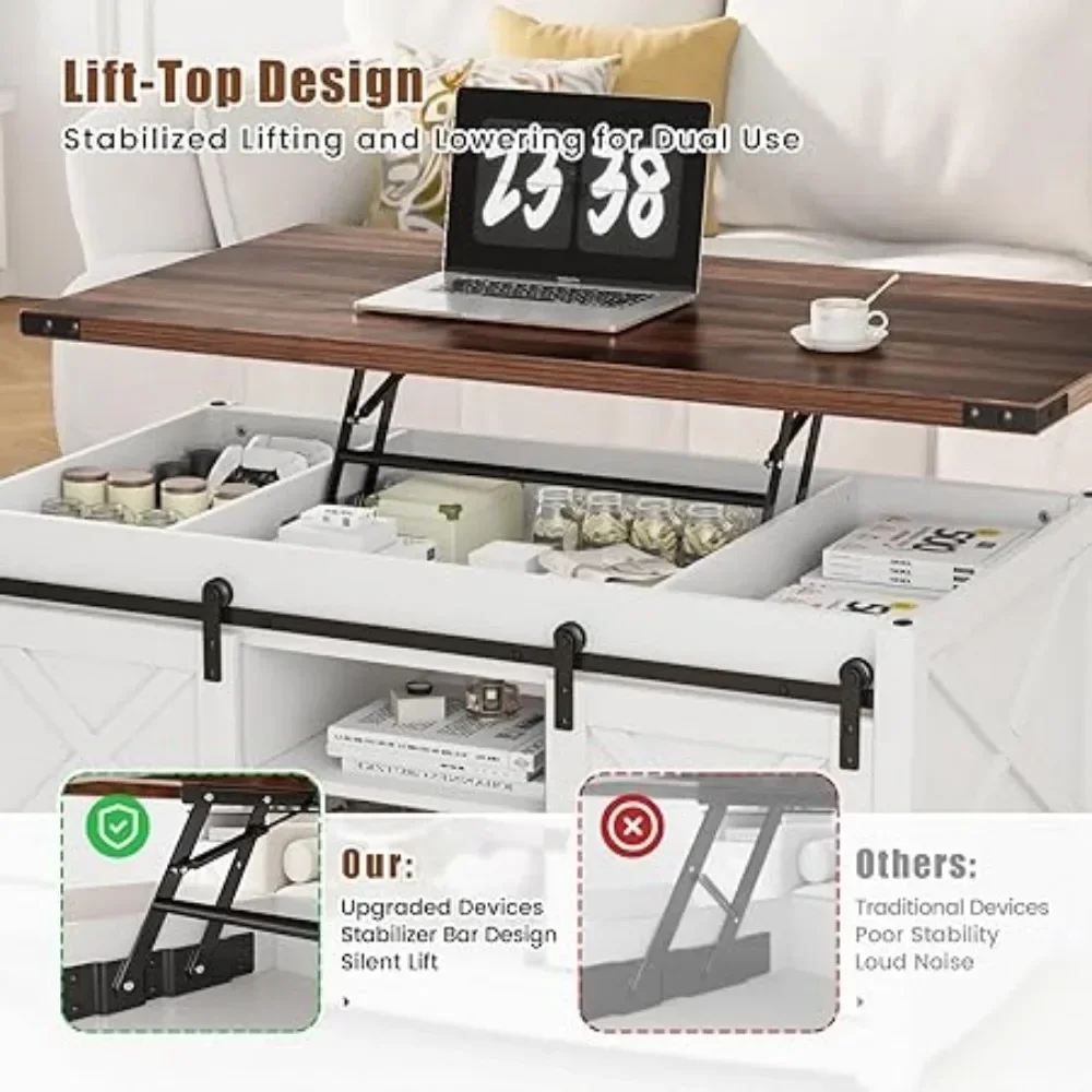 Mesa de centro elevatória de fazenda de 48 "com porta deslizante de armazenamento e grande compartimento oculto, mesa de centro com tampo de elevação