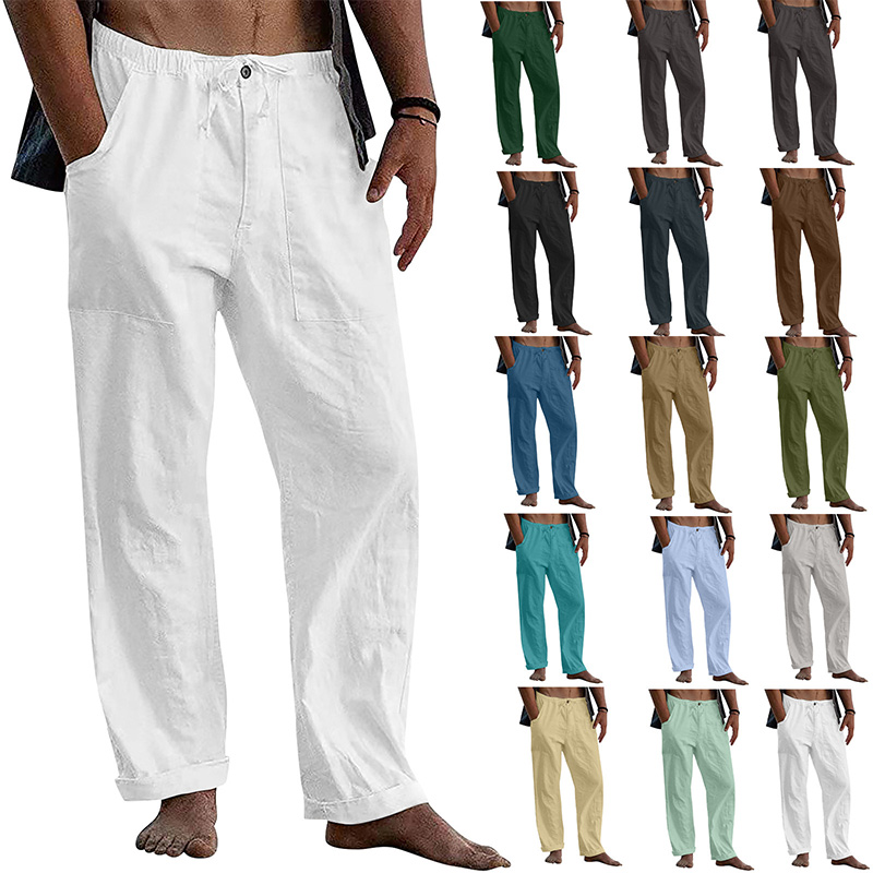 Calças casuais masculinas para casa 2023 novo homem algodão linho tamanho grande branco calças retas sólida praia preto calças de fitness