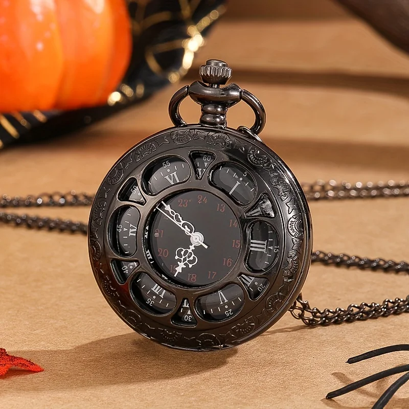 Vintage schwarze hohle Steampunk-Design-Quarz-Taschenuhr, mit Halskettenanhänger, römisches Zifferblatt, weltweite Funktion
