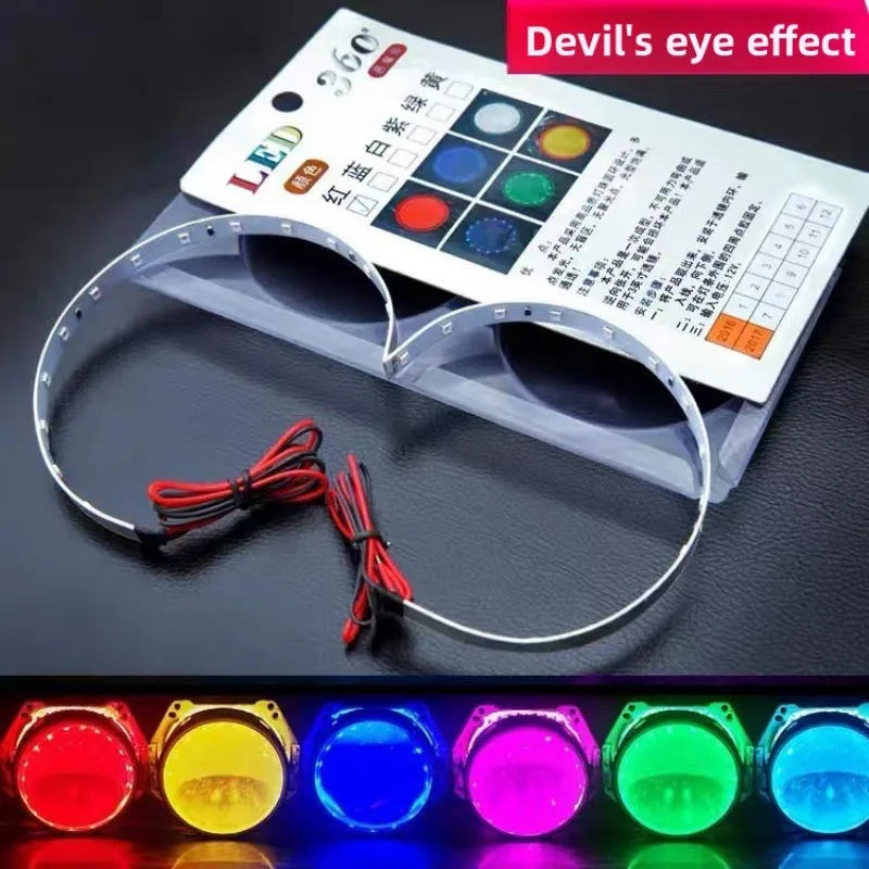 2 szt. Uniwersalne motocyklowe reflektory LED, modyfikowane, 12V, super jasne, z pierścieniami halo 360 stopni, światła typu demon eyes.