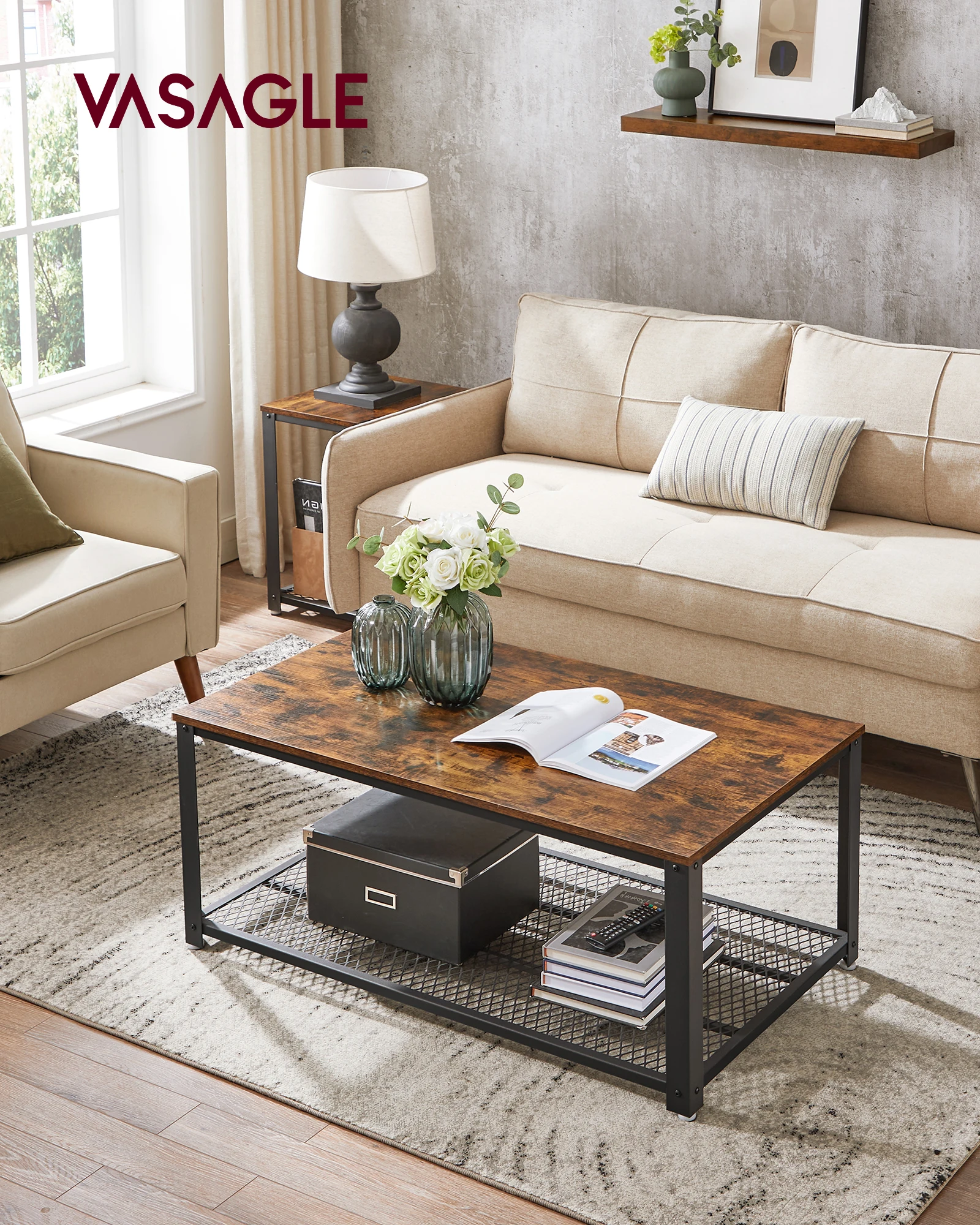 VASAGLE Table Basse, Meuble de Salon 2 Niveaux, avec Étagère Grillagée, Meuble TV, Cadre en Métallique, Pieds Réglables, pour Salon, Style Industriel