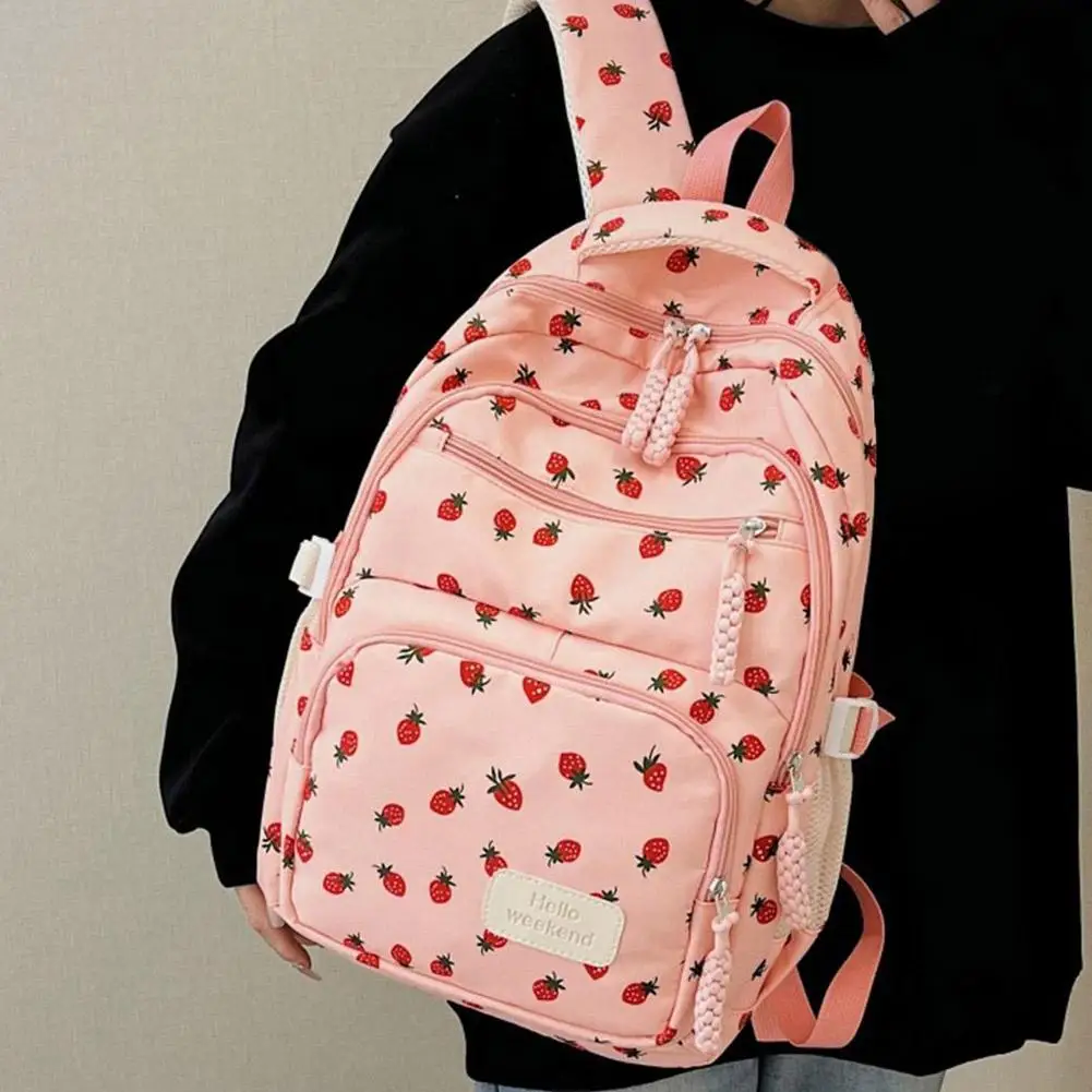 Mochila de pana, conjunto de tres piezas con estampado de fresa, mochila informal diaria, mochila ligera de gran capacidad para ir al trabajo