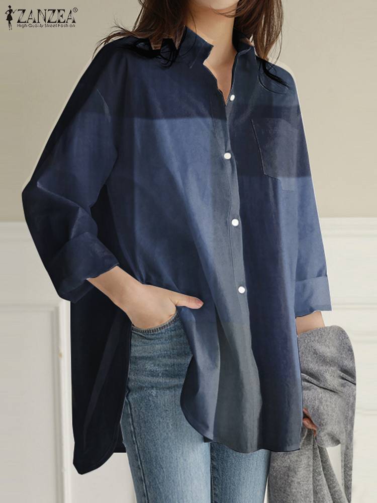 ZANZEA VintageแขนยาวBlusasผู้หญิงแฟชั่นไม่สม่ําเสมอเสื้อขนาดใหญ่หญิงสบายๆ 2024 ฤดูร้อนลายสก๊อตเสื้อ