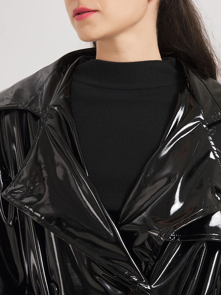 Lautaro printemps automne Extra Long noir brillant réfléchissant doux extensible en cuir verni Trench manteau pour les femmes Maxi pardessus 2024