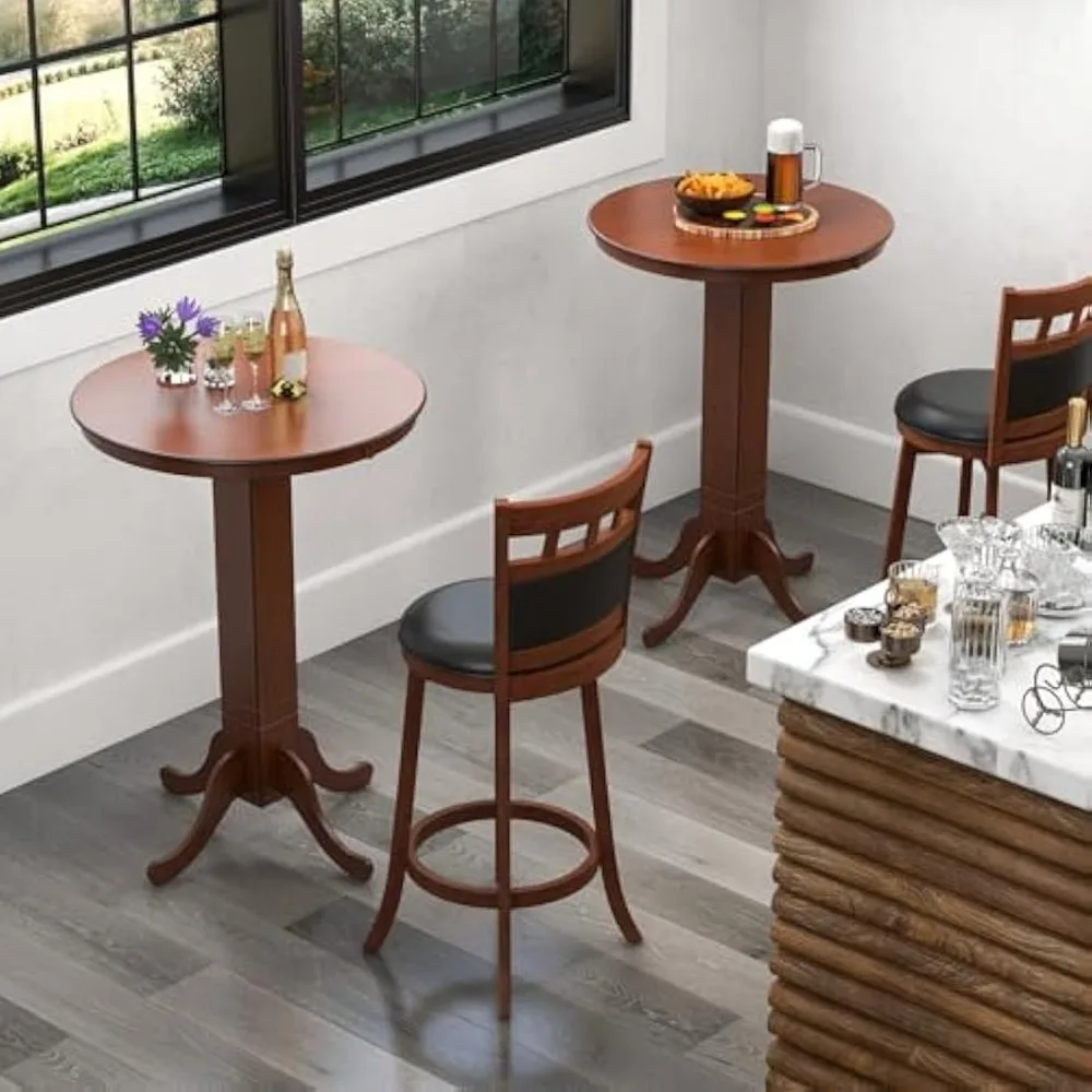 3 Piece Bar Table and Chairs Set, Round Counter Height Table, 2 Upholstered Swivel Bar Stools, Rubber Wood Frame, Farmhouse