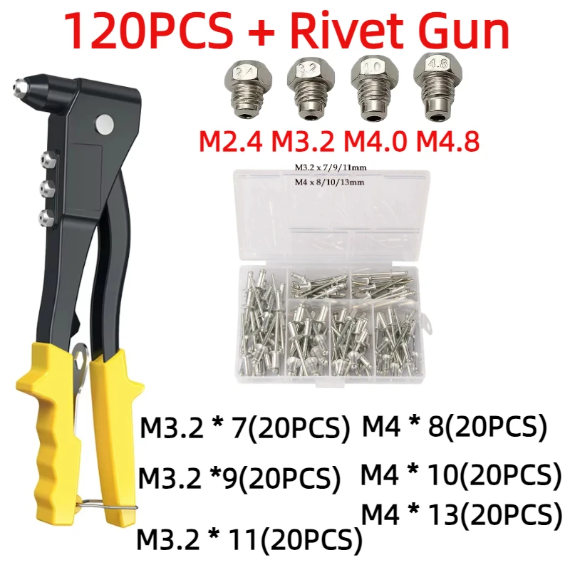 Zware Klinkhamer Pop Rivet Gun Gereedschap en 120 Stuks Blindklinknagels Noten Set Handleiding Klinkhamer Assortiment Kit Hand Klinknagel moer Tool