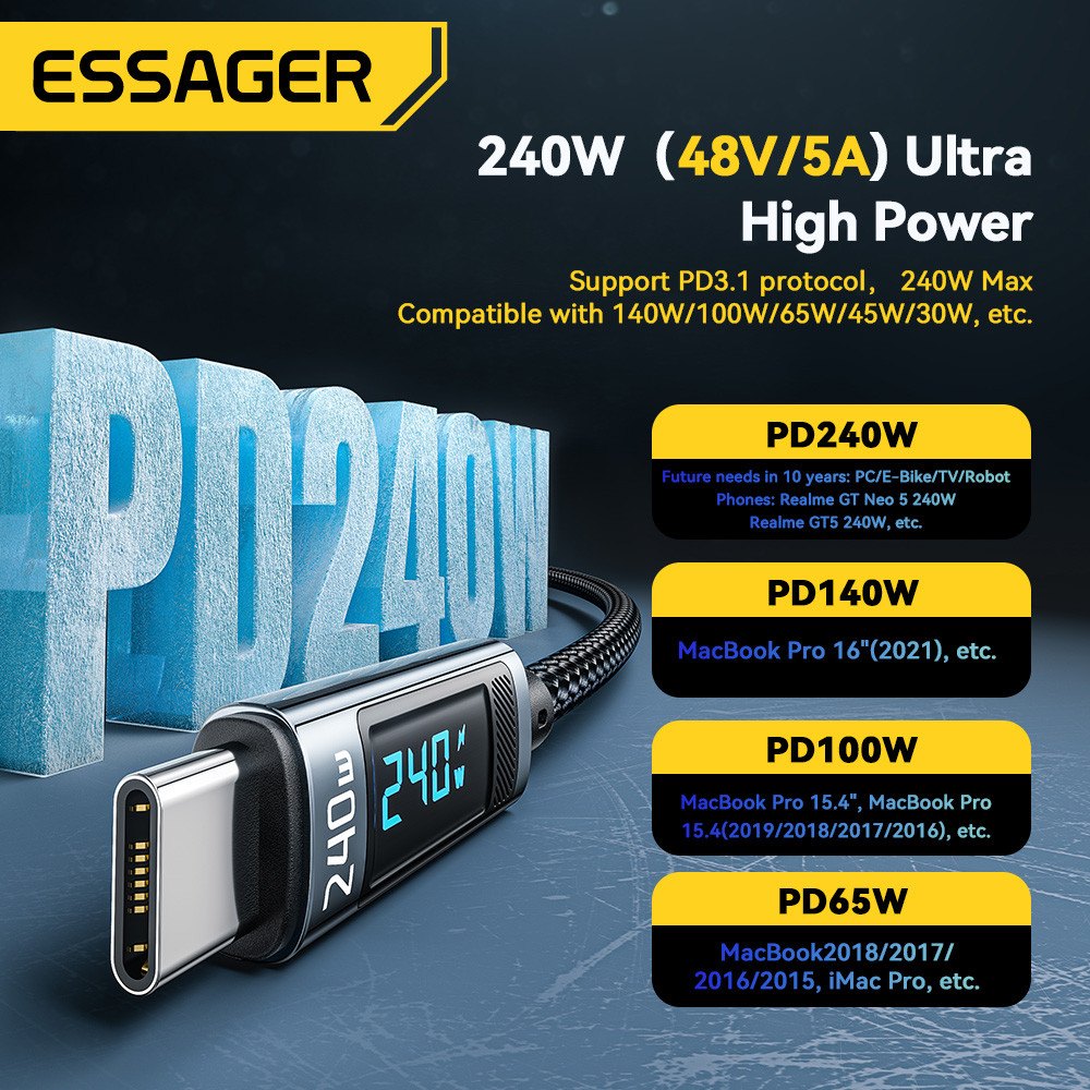Essager 240W USB Tipo C para USB C Cabo 100W PD 3.1 Carregador de Carregamento Rápido Fio Para Macbook Pro Xiaomi Samsung Laptop Cabo USBC 2M