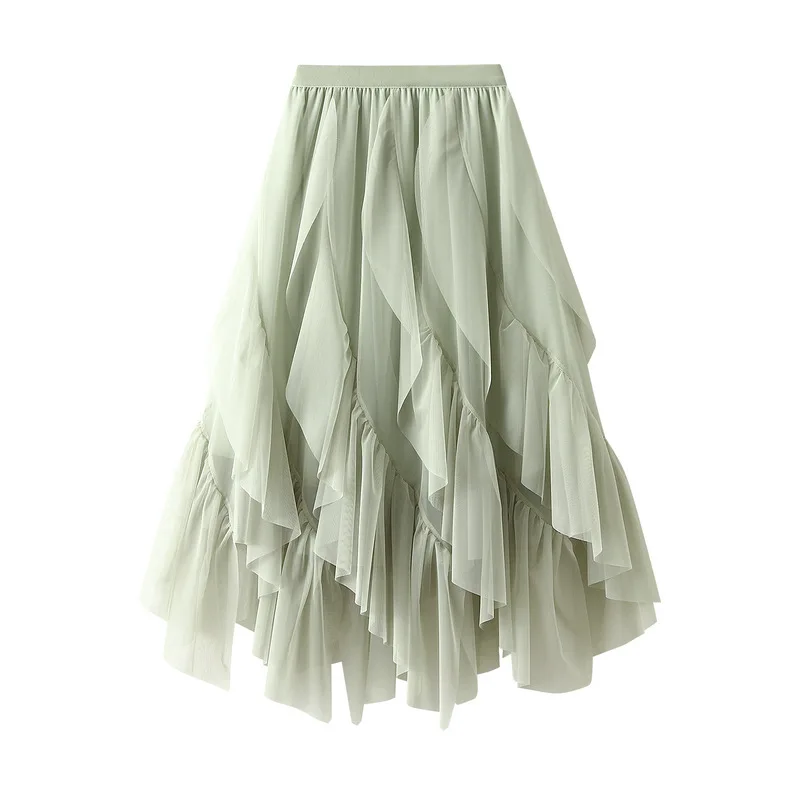 Falda Midi informal holgada de malla con volantes, faldas de verano para mujer, nueva falda ajustada elástica de cintura alta con forro de malla lisa, ropa para mujer