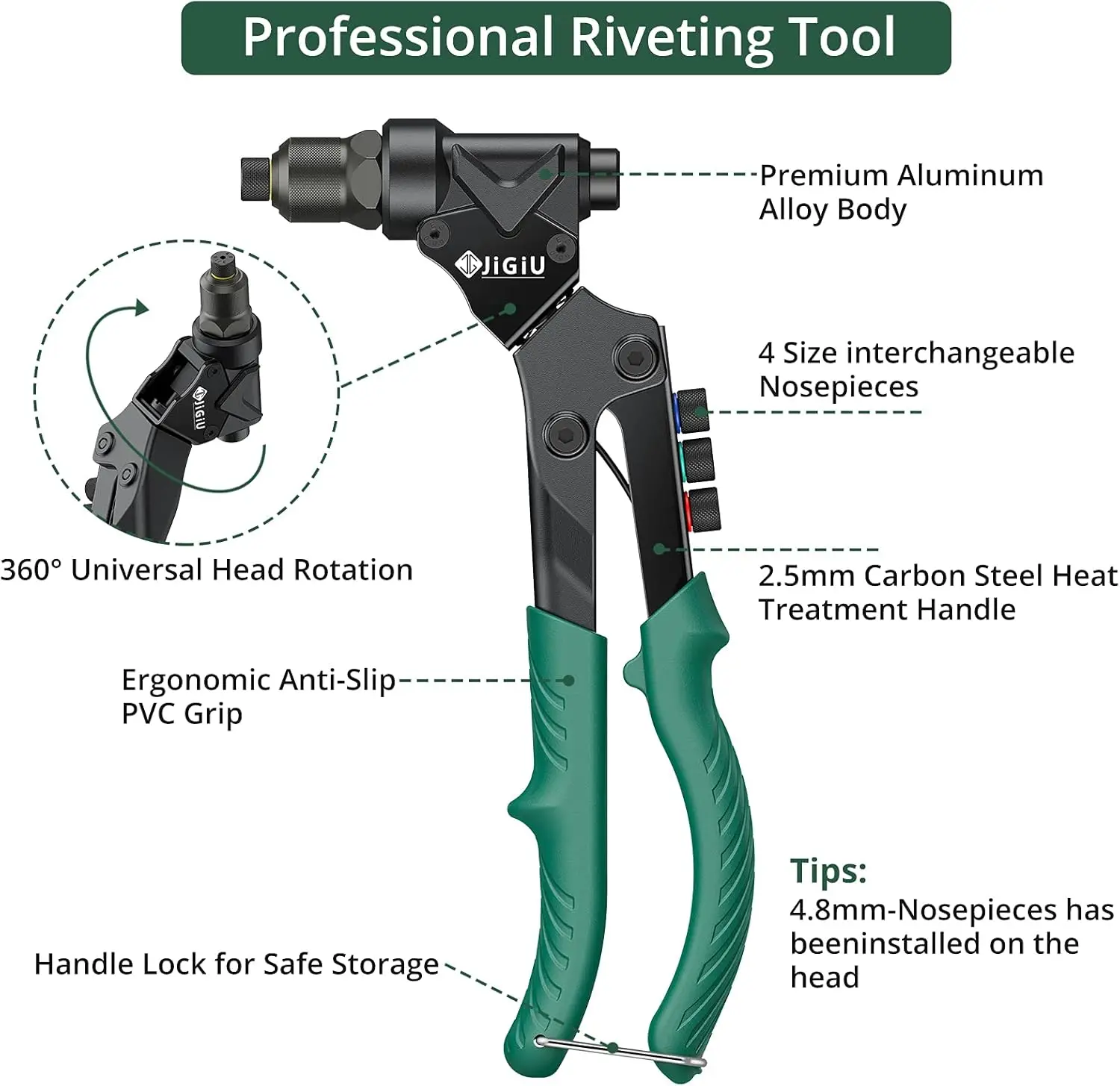 JiGiU 3-in-1 Rivet Nut Tool, Rivet Gun, Reamer Set, 360° Swivel Head, 4 Mandrels, 40 Rivets, 40 Nuts, Carrying Case.
