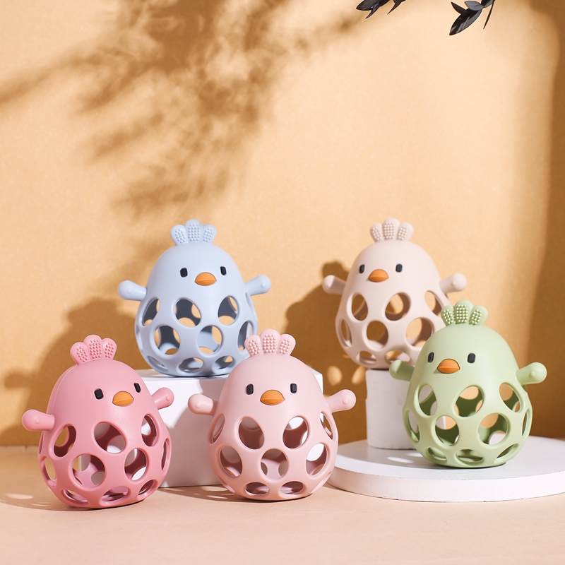 Juguetes para bebés, mordedor hueco de silicona sin BPA, 0 a 12 meses, juguetes infantiles de pollito bonito de dibujos animados, sonajero de silicona, accesorios para bebés, juguetes de regalo