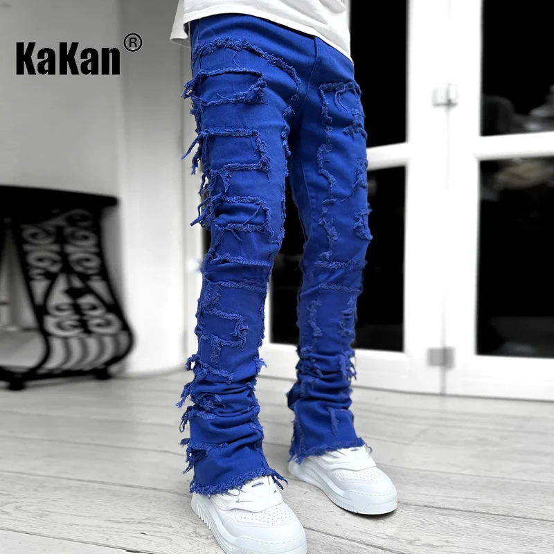 Kakan - 남성용 새로운 유럽 및 미국 헤비급 스트리트 스트레치 패치 청바지, 하이 스트리트 스트레이트 핏 롱 청바지16-3001