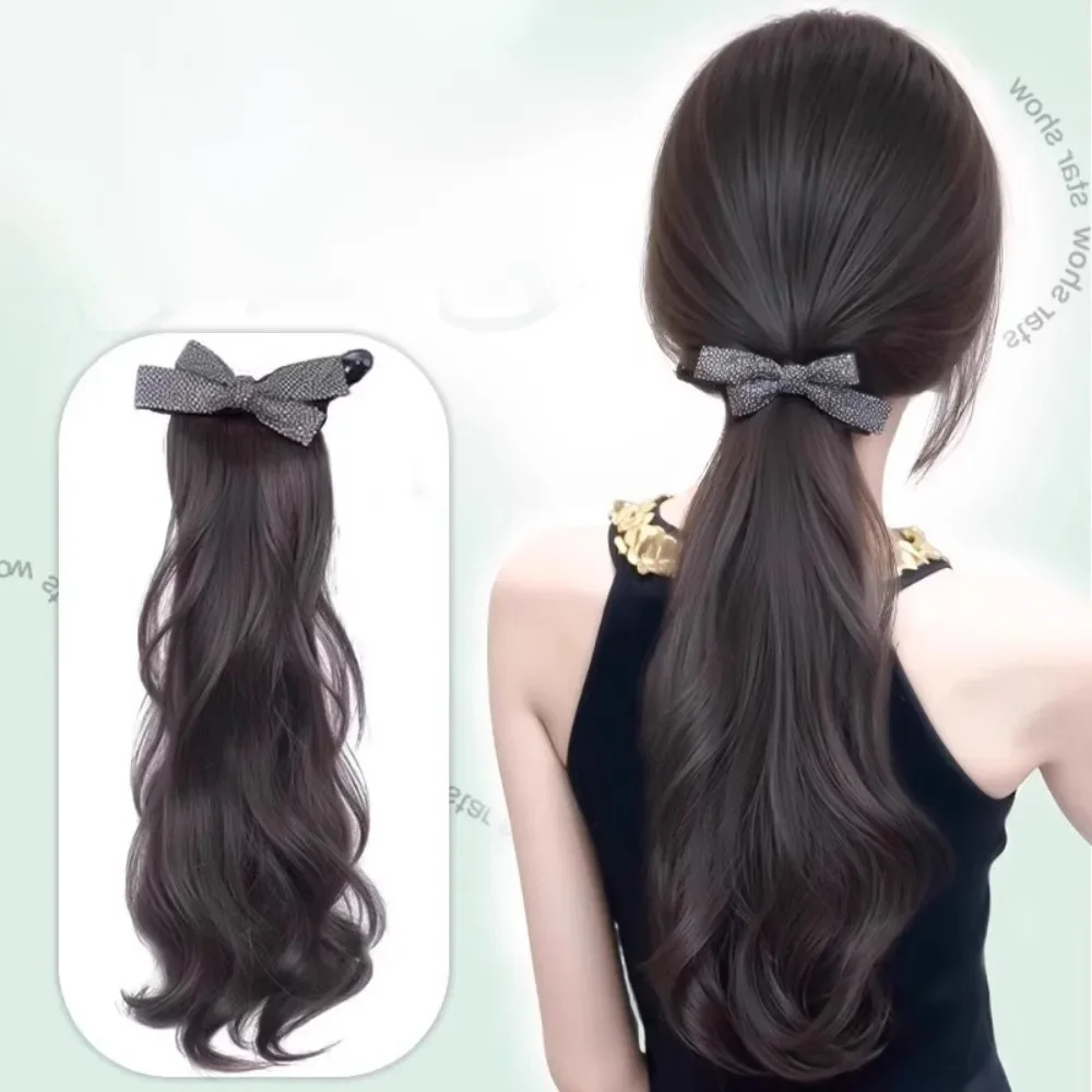 Natural strass bowknot encaracolado rabo de cavalo sintético clip-on peruca elegante extensão acessório de cabelo
