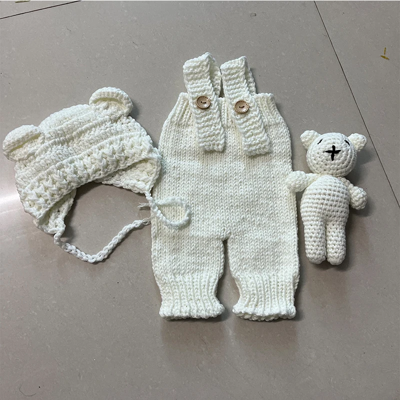ฮาโลวีน Oufits การถ่ายภาพเด็กเสื้อผ้าถักด้วยมือ Suspender Jumpsuit และหมวกหมีตุ๊กตาหมีตุ๊กตาหมีตุ๊กตาตกแต่งถ่ายภาพ Props